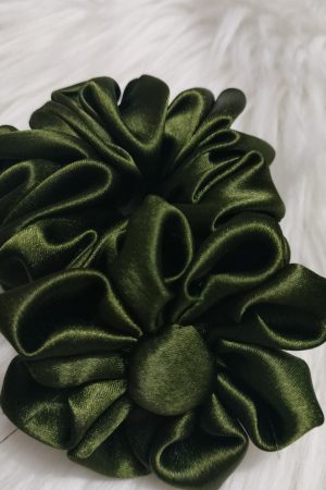 Handmade Satin Flower Green Scrunchie