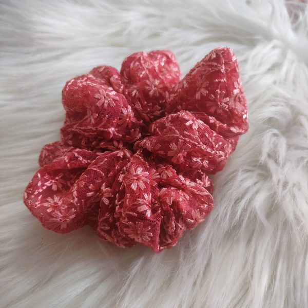 Handmade Floral Net Scrunchie - Pink Regular Size - Image 2