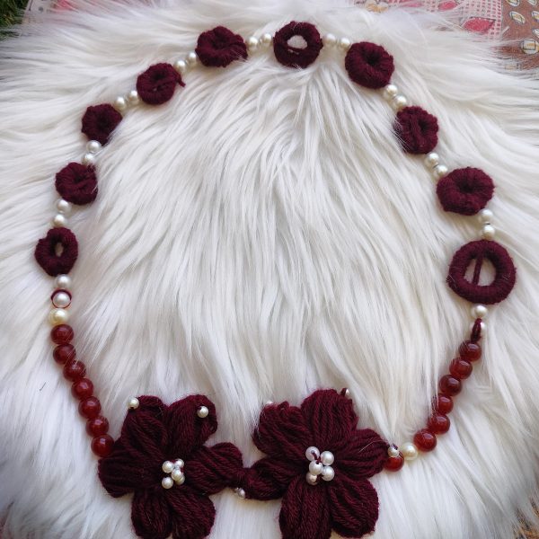 Handmade Floral Woolen Bead Necklace - Maroon - Image 2