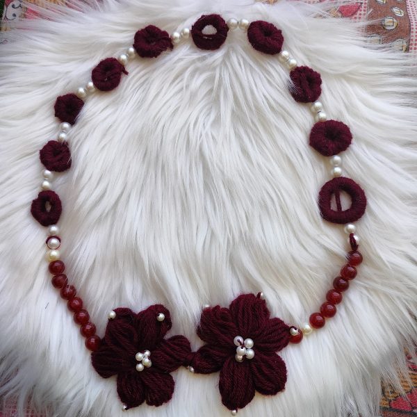 Handmade Floral Woolen Bead Necklace - Maroon